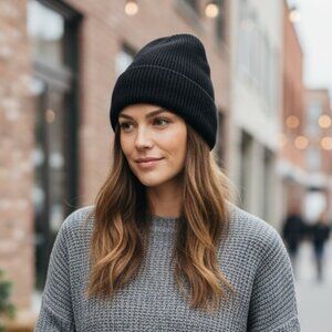 2/$30 Unisex New Black Ribbed Knit Cuffed Winter Fall Beanie Hat Cap Men Women